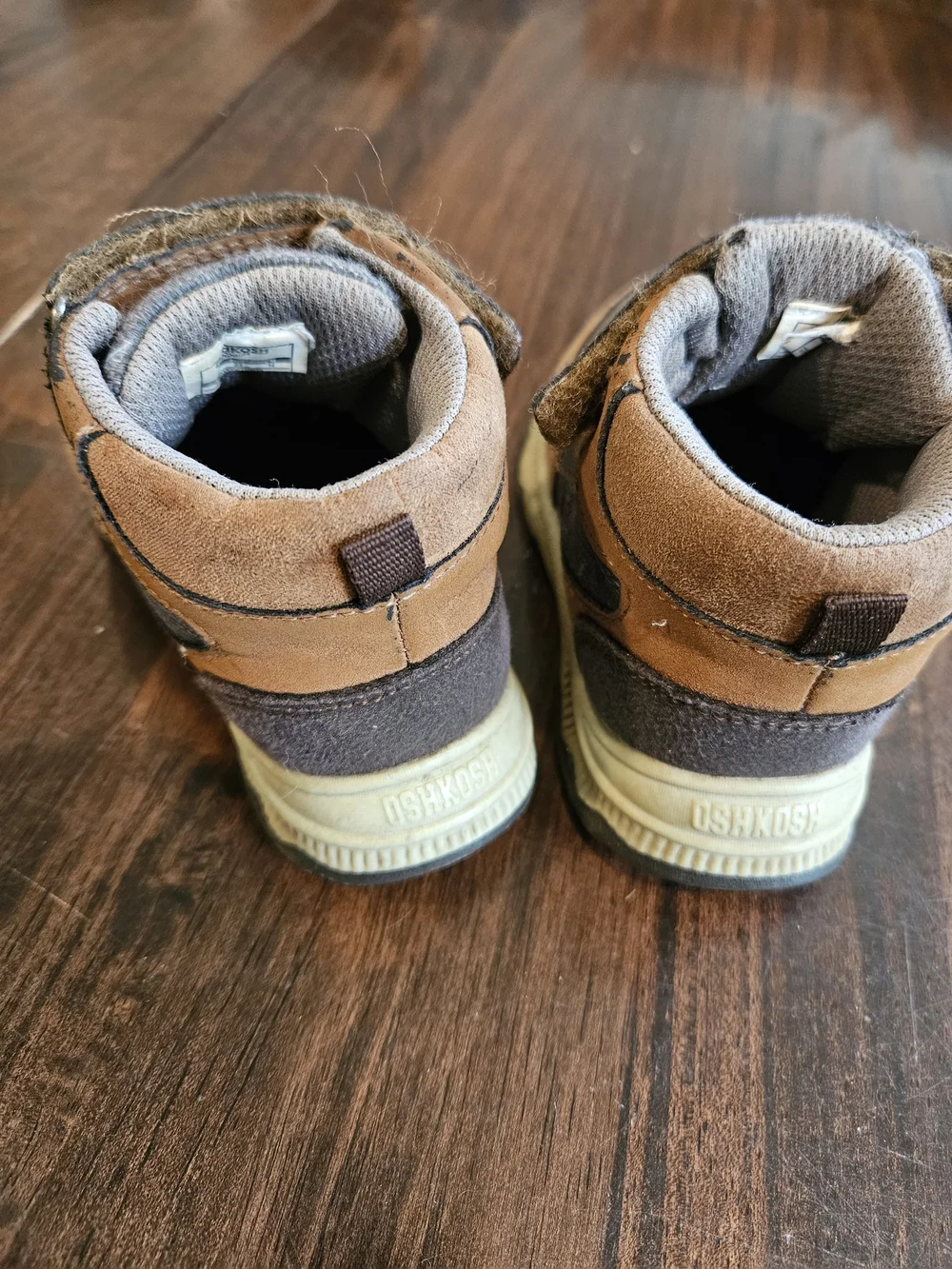 OshKosh B'gosh Brown and Gray Kids High-Top Boots with Red Laces